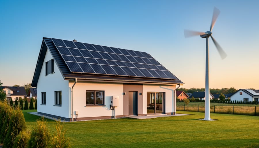 Residential home with both solar panels and small wind turbine installed on rooftop