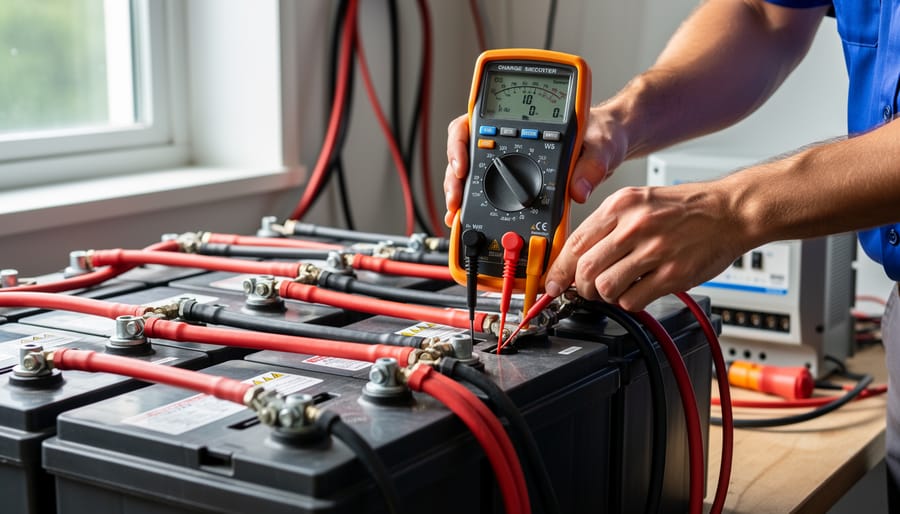 Hands using multimeter to test solar panel connections and voltage