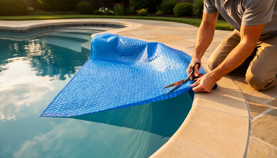 Hands cutting a blue rectangular solar cover along the curve of a kidney-shaped backyard pool, with patio and greenery softly blurred behind.