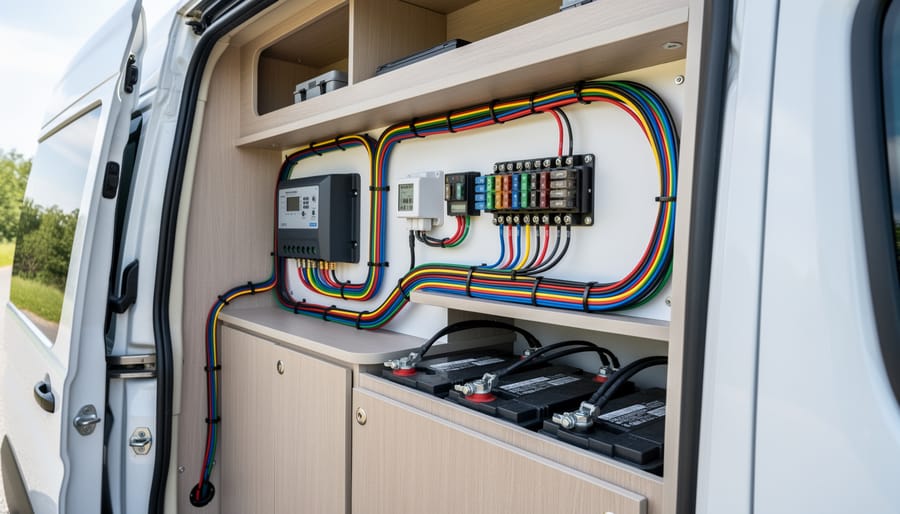 Interior van conversion showing organized 8 AWG solar wire installation along ceiling