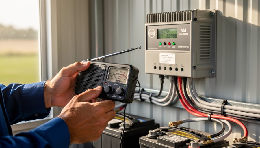AM radio positioned next to solar charge controller for interference testing