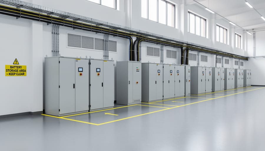 Battery energy storage system installed with proper clearances and ventilation space in utility room