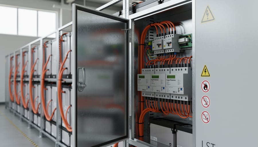 Energy storage system cabinet showing surge protection devices and battery connections