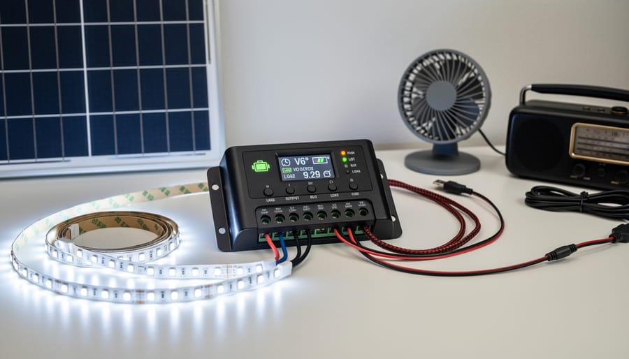 RV campsite at dusk with LED lights powered by solar system with charge controller protection