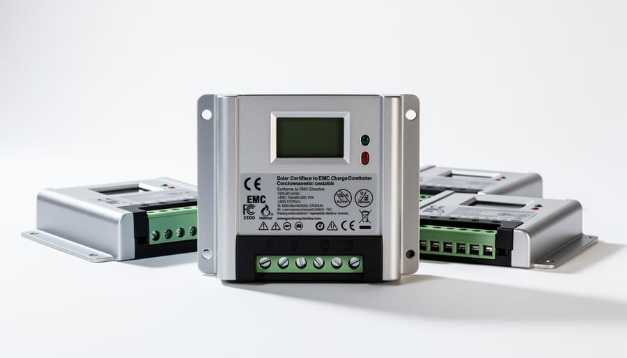 Solar charge controller showing CE and FCC electromagnetic compatibility certification marks
