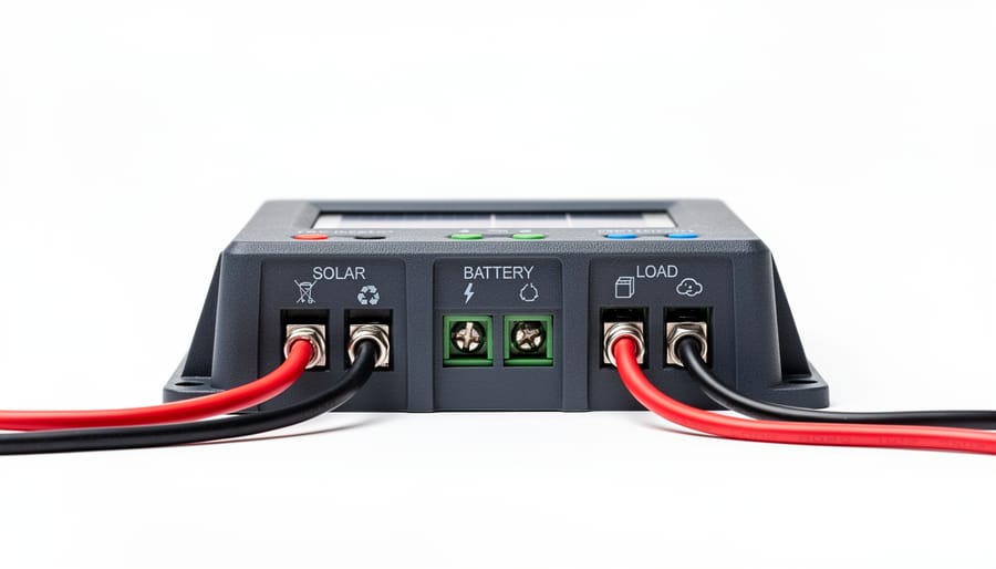 Close-up view of charge controller terminals with colored wires connected to solar, battery, and load outputs