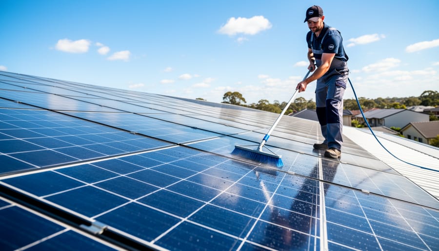 Hands cleaning solar panel on lantern path light with cloth during routine maintenance