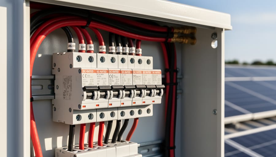 Close-up of DC circuit breakers and fuses used in solar system overcurrent protection