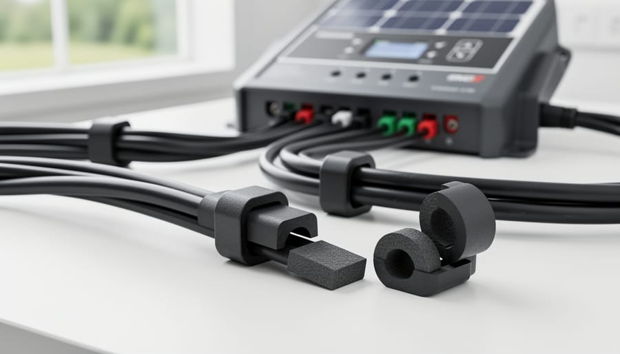 Ferrite core noise suppressor clamped onto red and black solar power cables