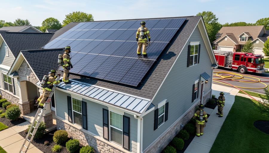 Firefighter positioned at residential roof edge during emergency response operations