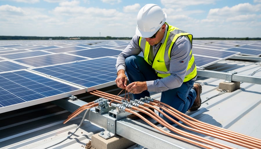 Electrician installing copper grounding rod with secure clamp connection