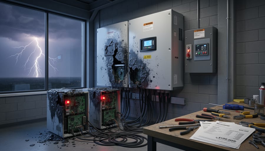 Close-up of burned and damaged solar inverter circuit board from lightning strike