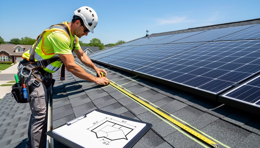 Person measuring roof edge setback distance with tape measure during solar panel installation planning