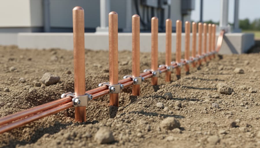 Two grounding rods installed with proper spacing and bonding wire connection