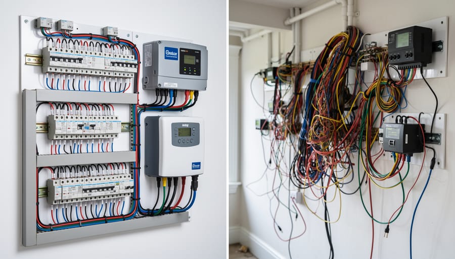 Off-grid lithium battery bank mounted on metal rack with organized wiring