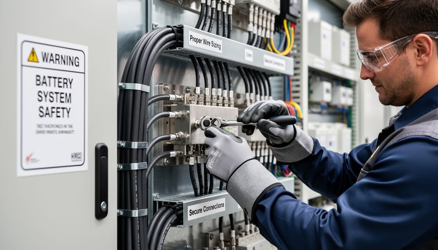 Electrician connecting heavy gauge wire to battery terminal with proper tools