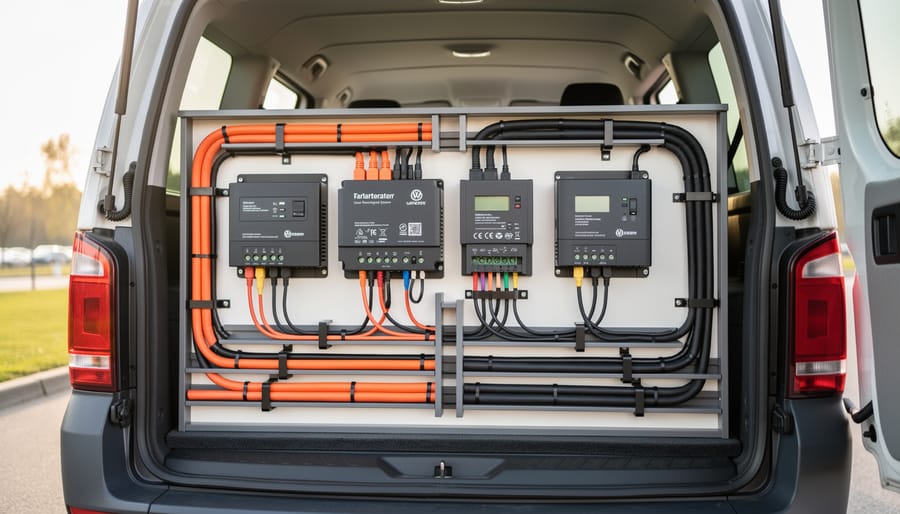 Well-organized RV solar installation showing proper cable management and component separation
