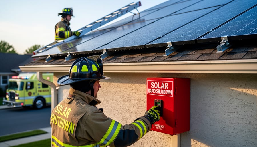 Red rapid shutdown switch for solar panel system mounted on exterior wall