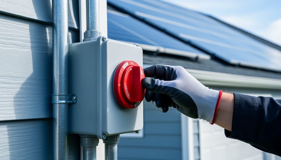 Gloved hand turning a red rotary solar DC disconnect switch on an exterior wall, with blurred rooftop solar panels and conduit in soft daylight.