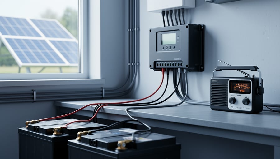 Solar charge controller wired to a battery bank on a workshop bench with a small AM radio beside it, shot at eye level with soft daylight and a blurred background showing cable runs and a solar panel through a window.
