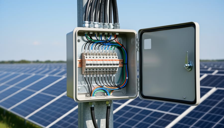 Interior view of solar combiner box showing busbars and wire connections
