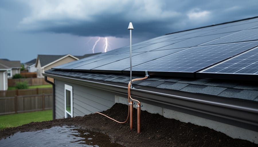 Rooftop solar panels with an air terminal lightning rod above them and a copper down conductor connected to two ground rods in moist soil by the home’s foundation, with storm clouds and distant lightning in the background.