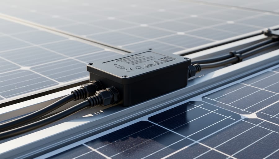 Close-up of solar panel junction box with cable connections on back of photovoltaic panel