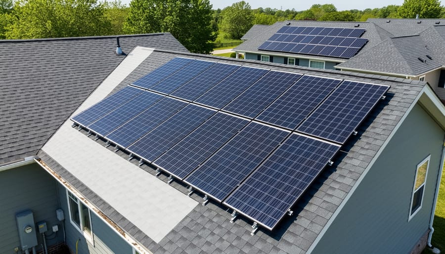 Aerial view of residential solar panel installation with visible setback pathways around roof perimeter