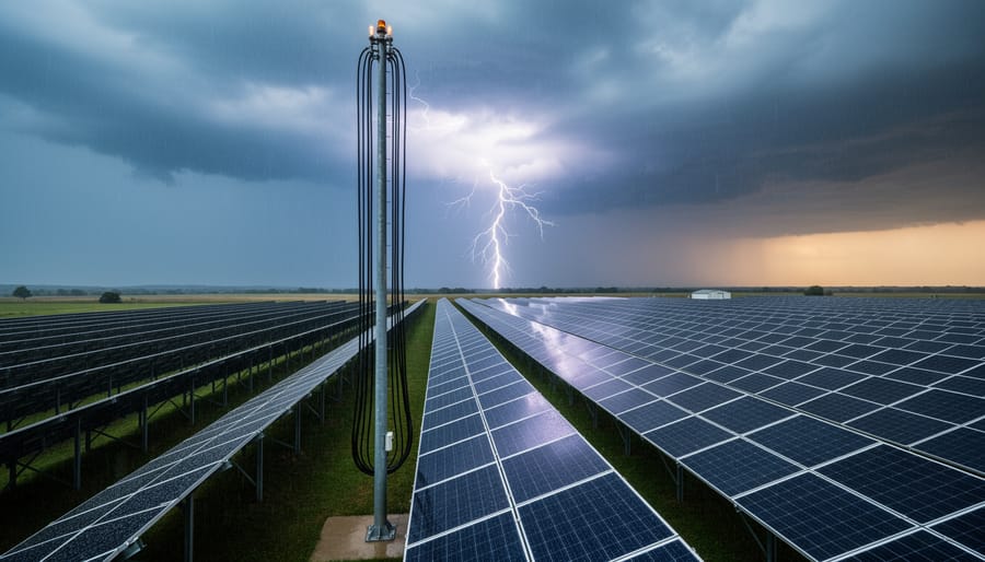 Solar panels on residential rooftop with dark storm clouds approaching overhead