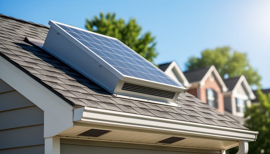 Solar attic fan with integrated PV panel near the roof ridge on a south-facing asphalt-shingle home, soffit vents visible under the eaves, photographed from a low angle in bright midday sun.