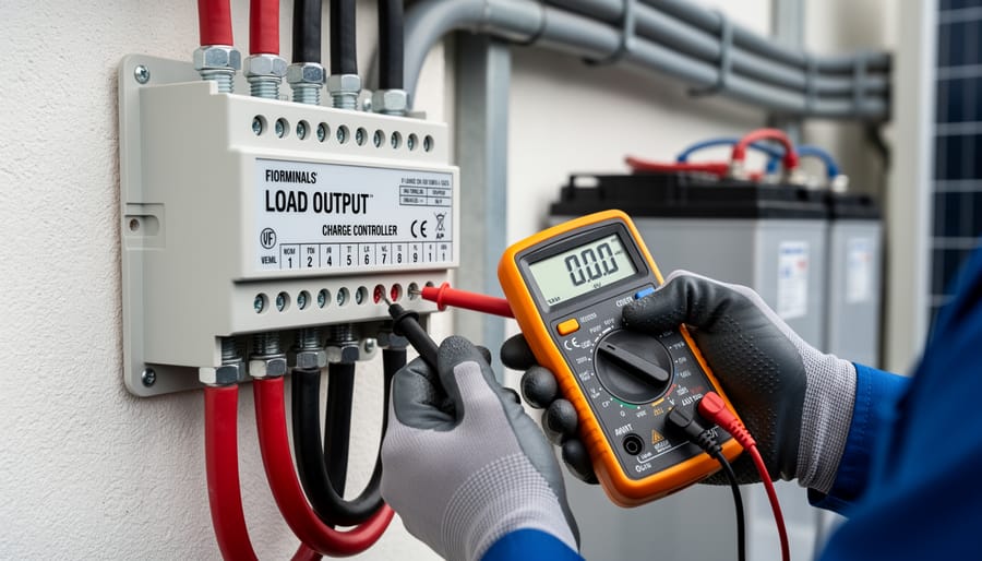 Hands using multimeter to test voltage on charge controller load output terminals