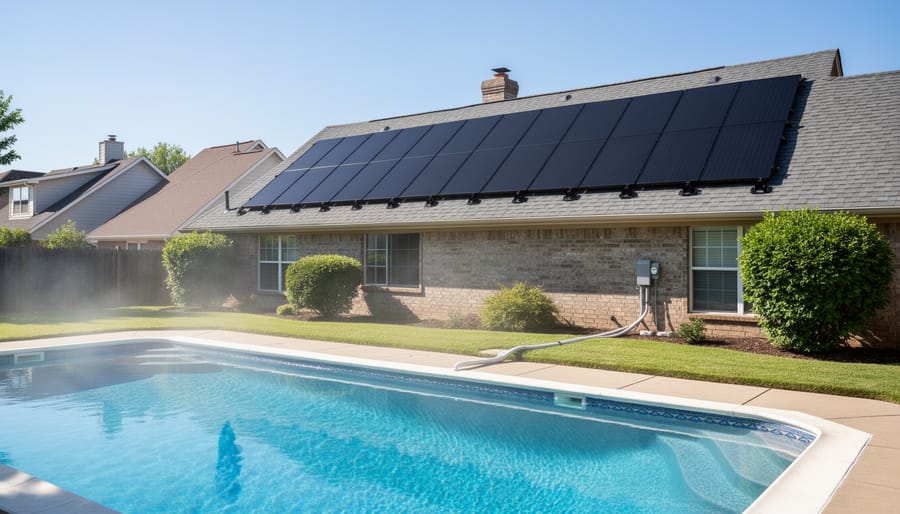 4x12 solar pool heating panels displayed on lawn with residential pool visible in background