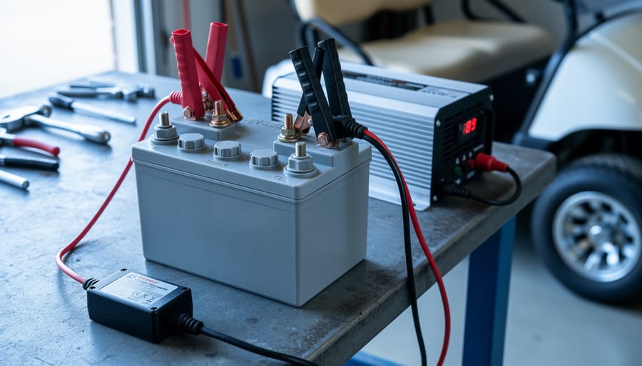 Close-up of an 8‑volt deep‑cycle lead‑acid battery on a workshop bench connected to a compact inverter/charger and inline voltage reducer, with red and black clamps on the terminals under soft daylight; blurred tools and a golf cart wheel in the background, no visible text or logos.
