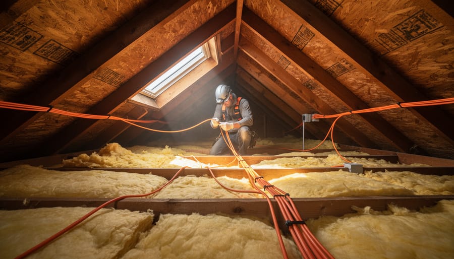 Interior view of residential attic showing wooden rafters and roof structure