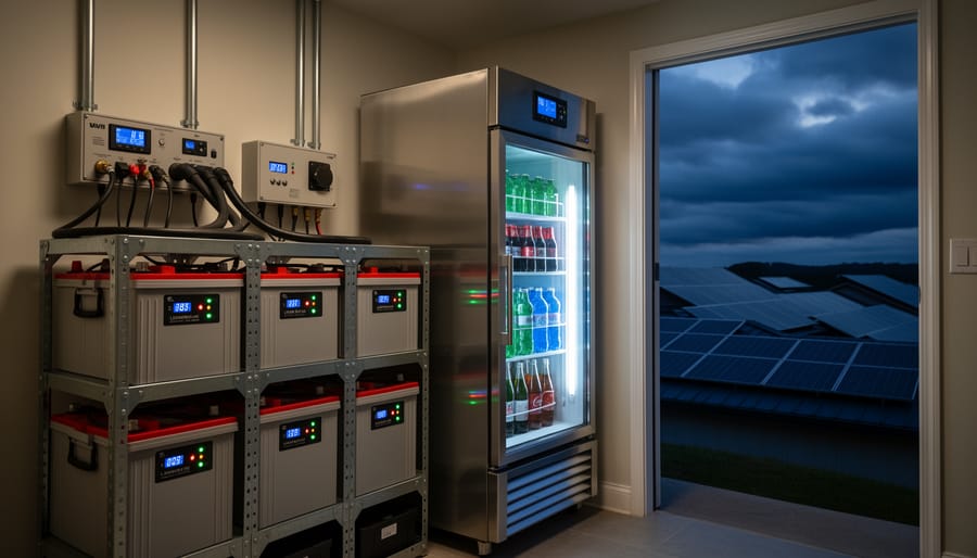Battery storage system with deep-cycle batteries and power connections for solar cold storage