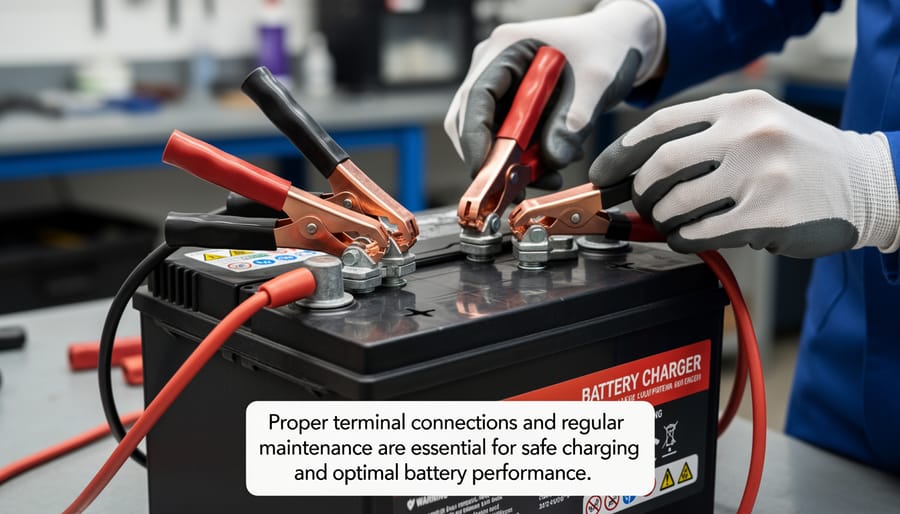 Overhead view of battery charging equipment and safety gear organized on workbench