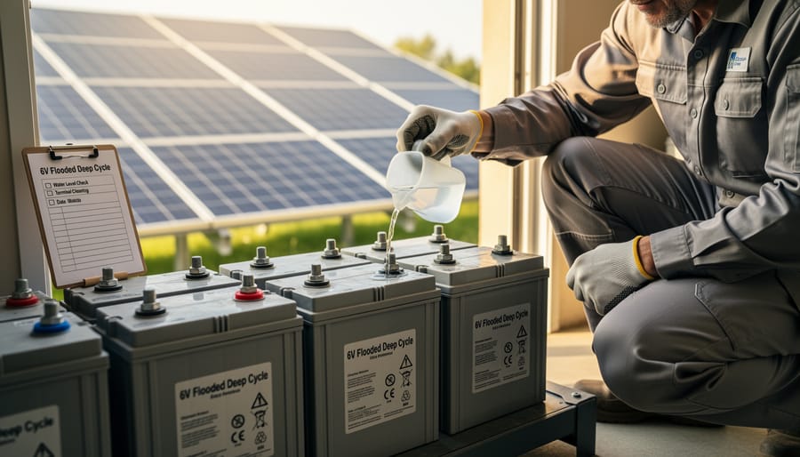 Gloved hands adding distilled water to 6-volt battery cell during maintenance