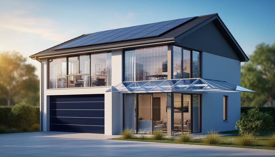 Modern two-story house at golden hour with solar shingle roof, semi-transparent solar windows, a solar glass patio awning, and a garage door with integrated PV panels; landscaped yard and trees softly blurred in the background.
