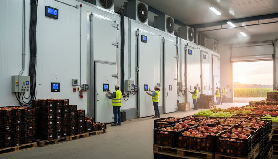 Walk-in cooler filled with produce crates showing industrial refrigeration equipment and power connections