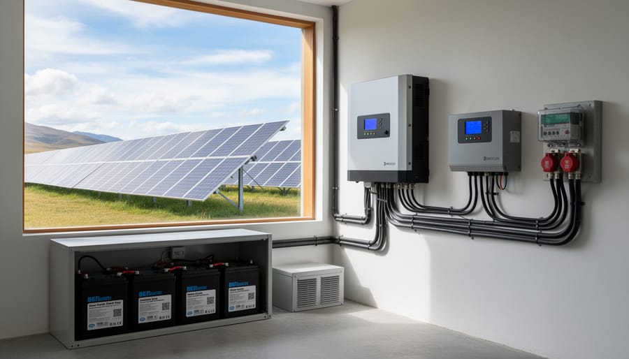 Complete off-grid solar power system installation on cabin showing panels, inverter, and batteries