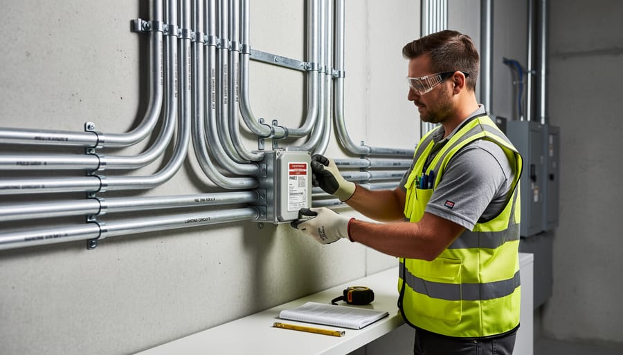 Electrician securing electrical conduit to attic joist with proper mounting hardware