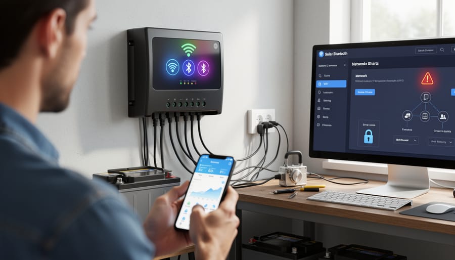 Solar charge controller with visible circuit board and wireless connectivity components