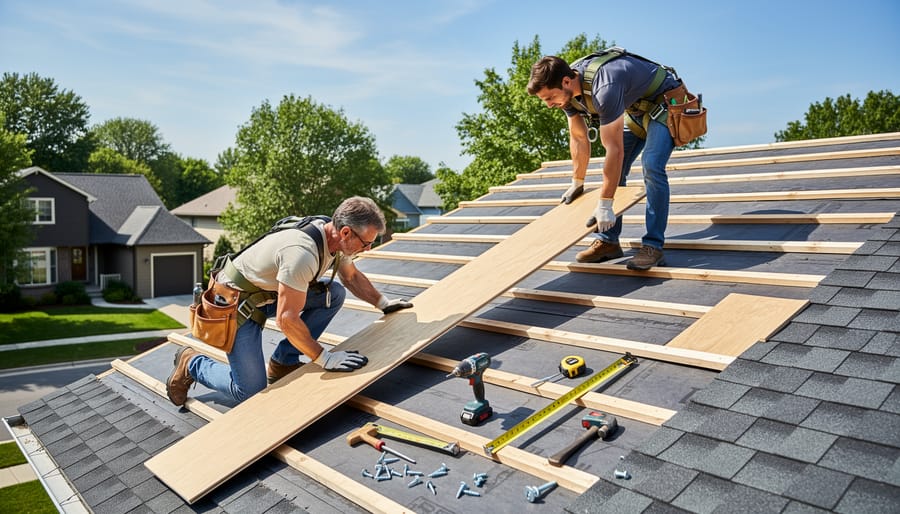 Two people installing solar pool heating panel on residential roof