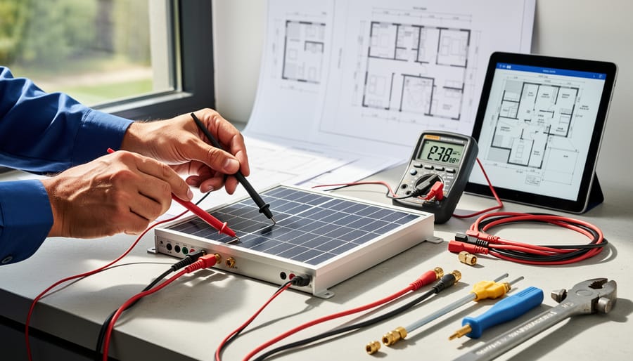Person using multimeter to test solar panel electrical connections on workbench