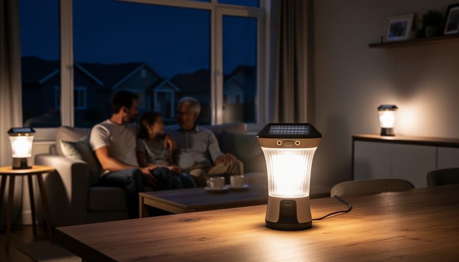 Solar lantern providing light for family during evening power outage