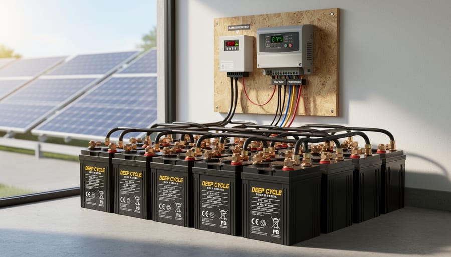 Overhead view of golf cart battery bank with series connections for solar system