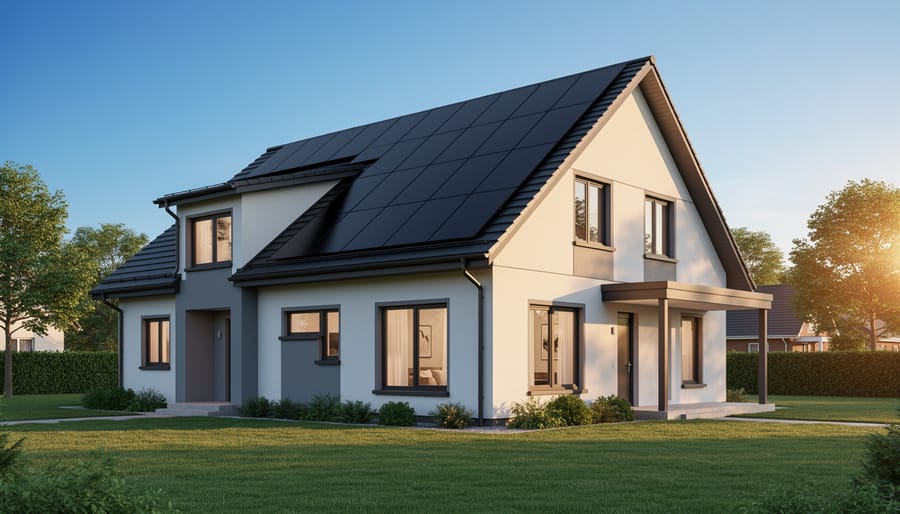 Low-angle wide shot of a modern suburban house with a full rooftop array of black monocrystalline solar panels in warm golden hour light, with trees and a clear blue sky in the background.