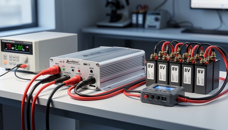 Power inverter connected to battery bank with cables in solar workshop setup