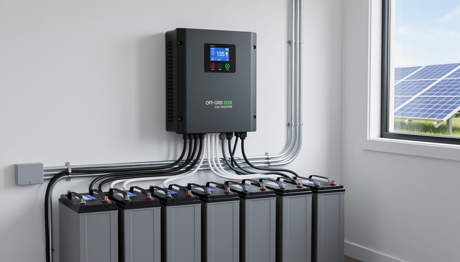 Off-grid solar inverter mounted on wall with battery bank in background