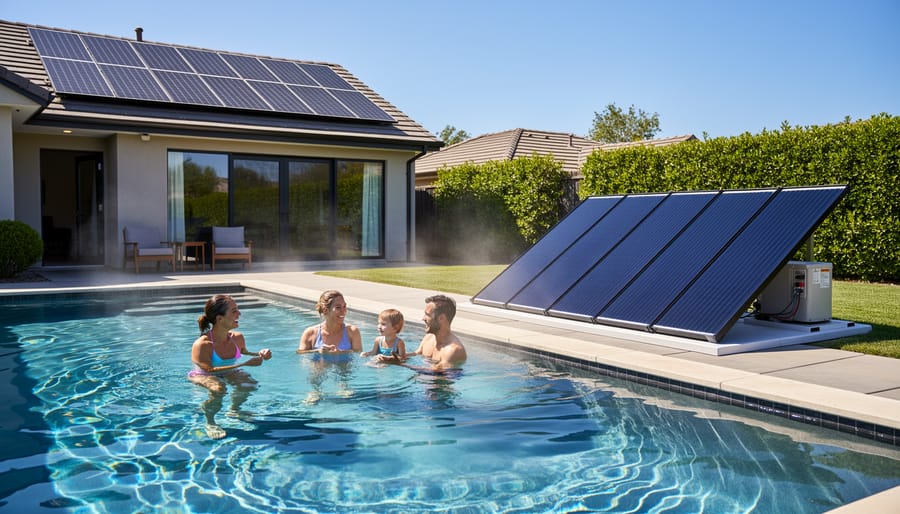 Residential swimming pool with solar heating panels installed on nearby roof